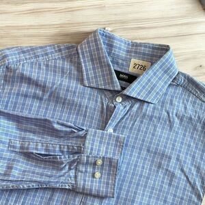 HUGO‎ BOSS Men's Slim Fit Blue Checked Button Front Shirt Size 16 32/33"
